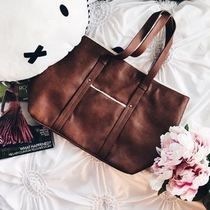 FOREVER 21 Brown Leather Fur-Trimmed Tote